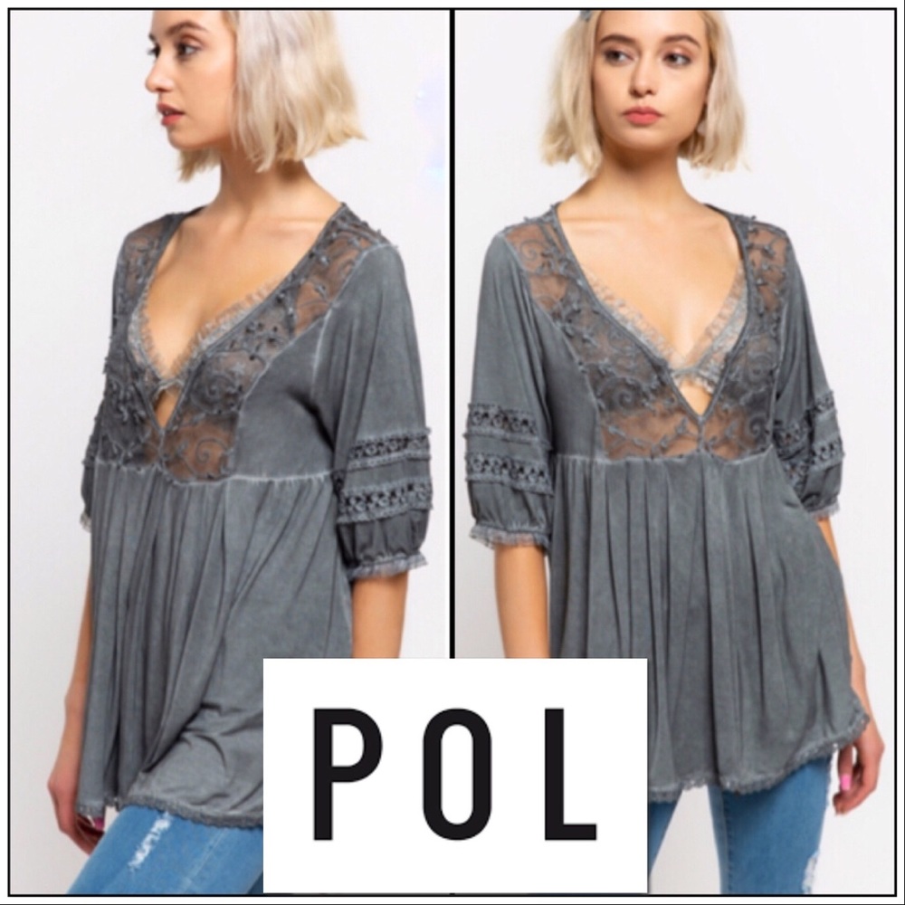 POL Lace-Trim Deep V Gray Women's Peasant Top